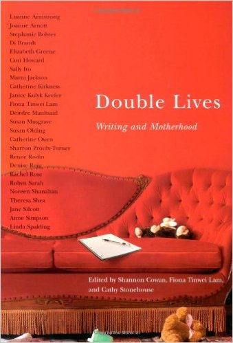 Bright red cover of Double Lives with authors' names down left side and lush Victorian style sofa across bottom half of cover. pencil and paper on cushion, along with stuffed animals.