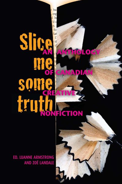 Cover image of Slice me some truth showing pencil shavings shaped like fans against a black cover. 